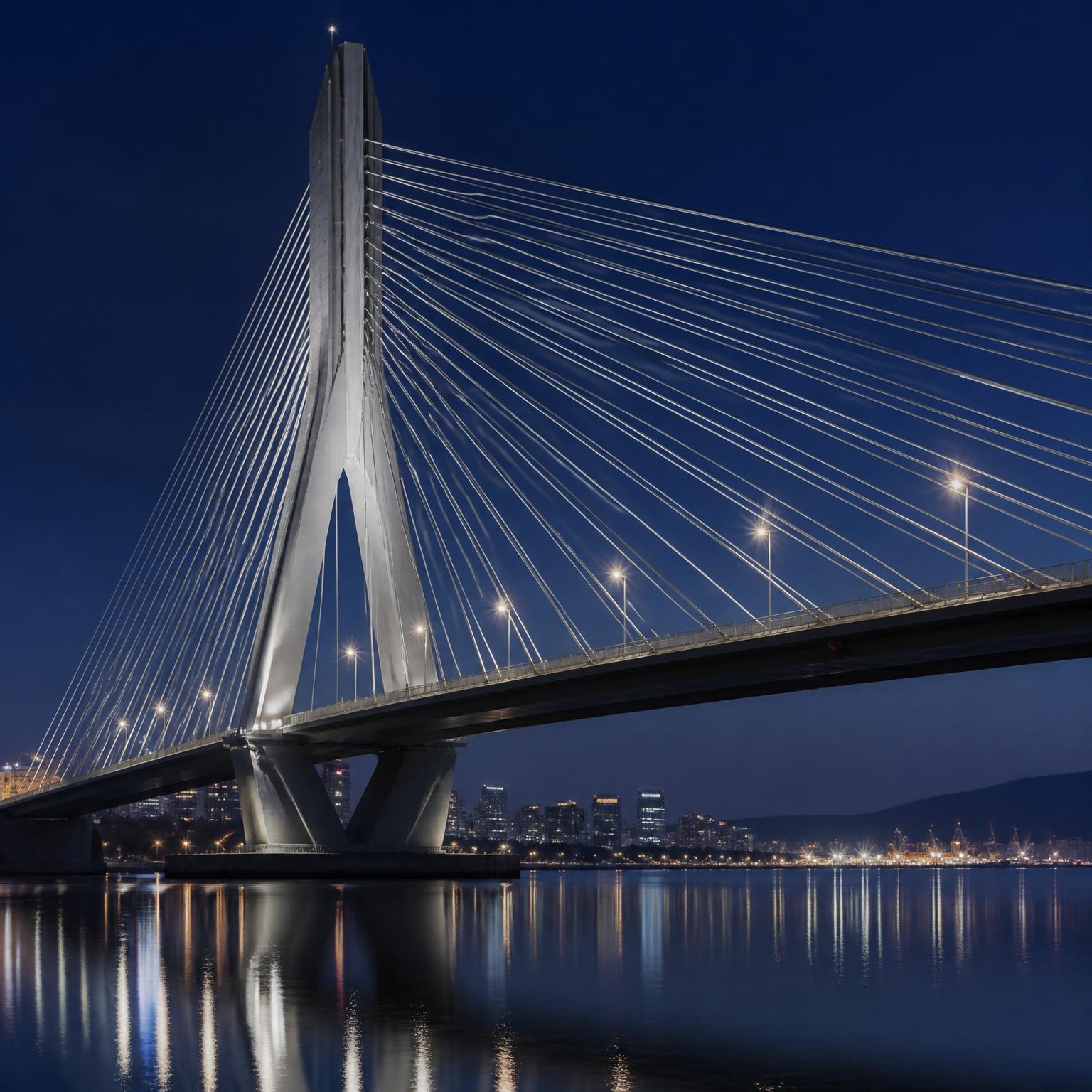 A modern bridge stretching across calm water toward a glowing horizon