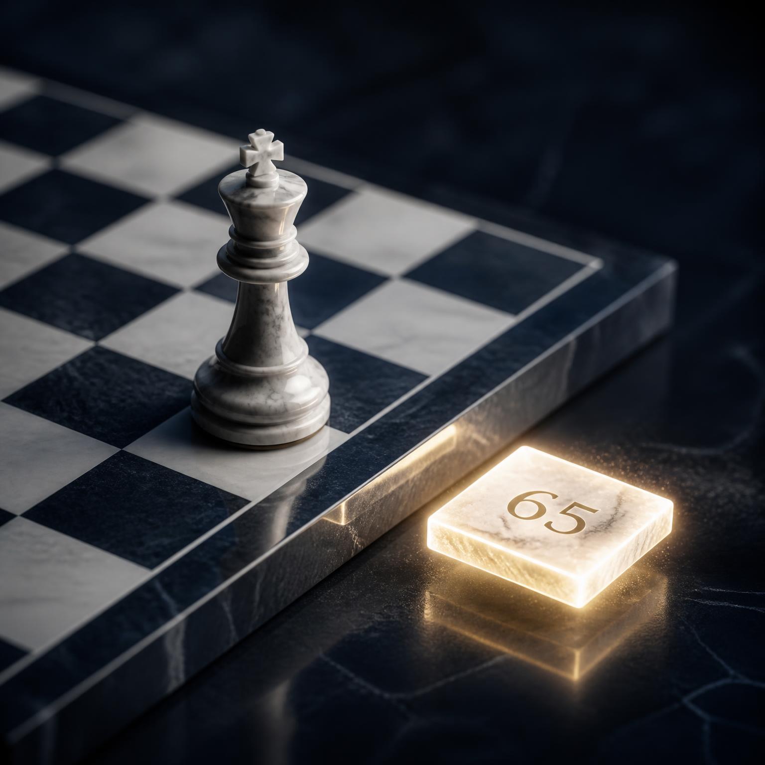 Marble chessboard with a king piece facing a luminous 65th square beyond the board