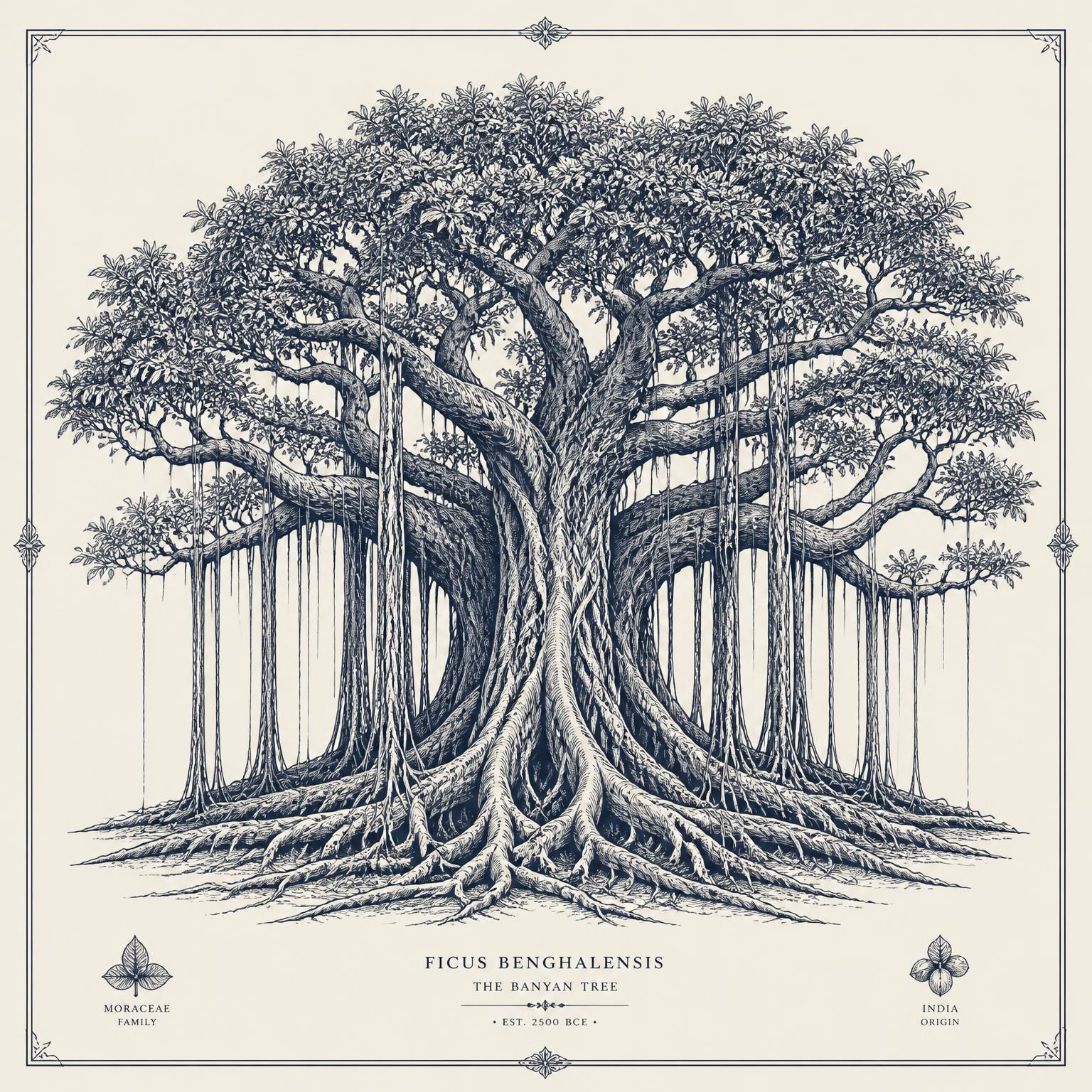 Line illustration of an ancient banyan tree with deep roots